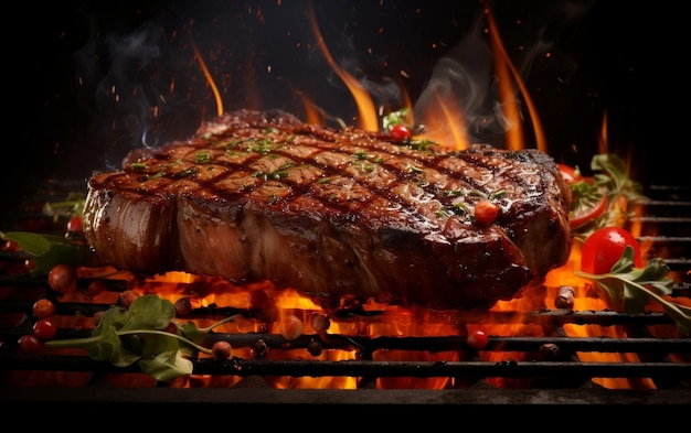 A steak on a grill with flames in the background AI