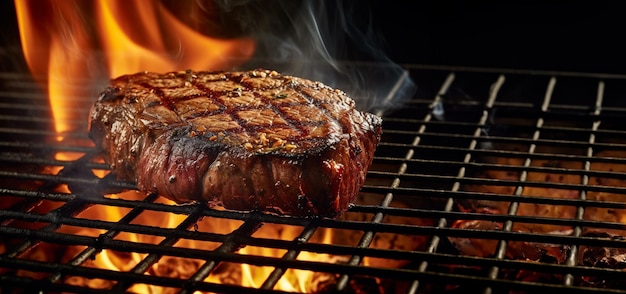 A steak on the grill with flames in the background