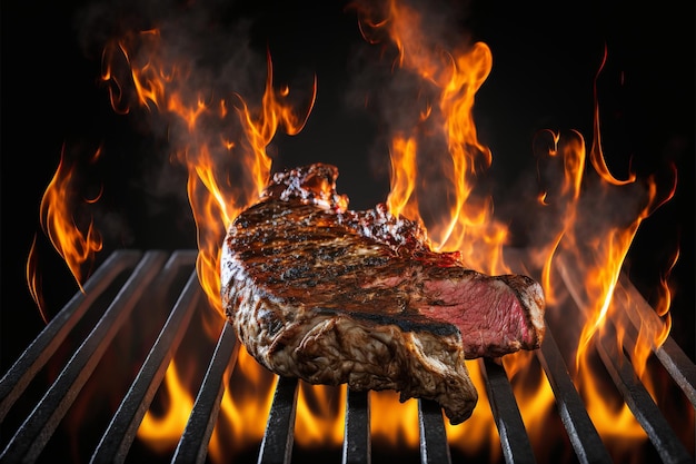 A steak on a grill with flames on the background