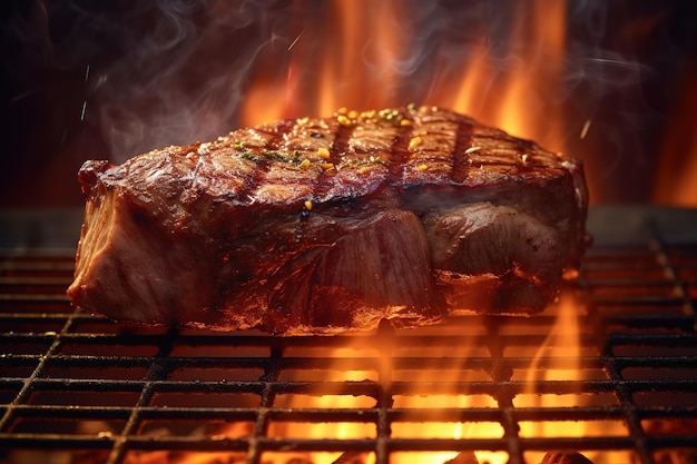 A steak on a grill with flames in the background