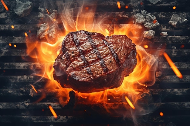 A steak on a grill with flames on the background