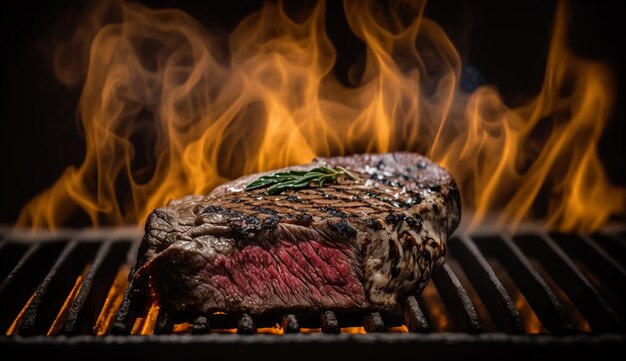 A steak on a grill with flames in the background