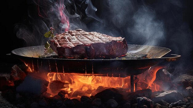 Photo a steak on a grill with flames and a fire in the background