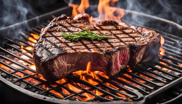 Photo steak on a grill with flames and a fire behind it