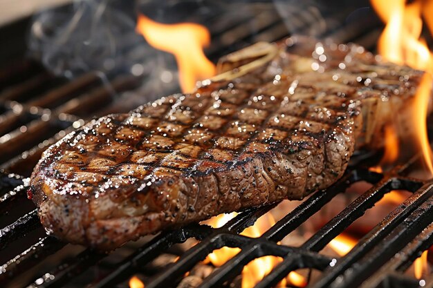 Steak on the grill with flames and smoke