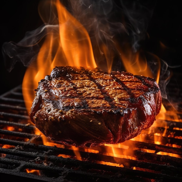 A steak on a grill with flames and smoke