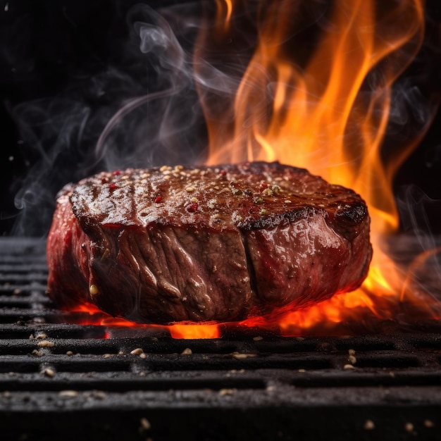 A steak on a grill with flames and smoke