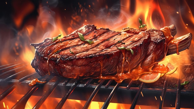 Steak on a grill with flames