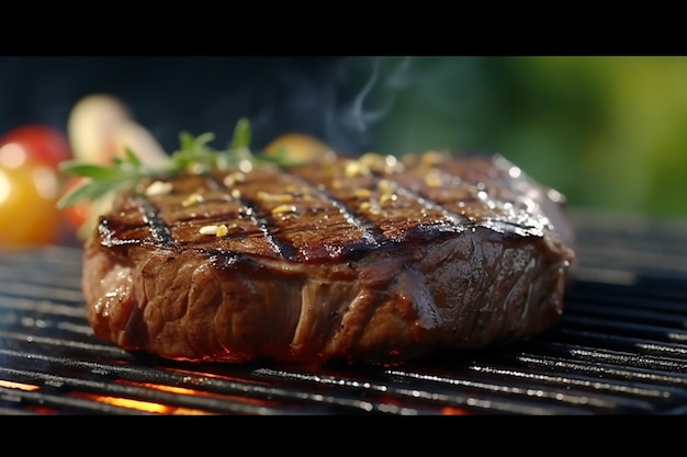 A steak on a grill with a green leaf on it