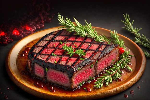 a steak on a grill with a rosemary sprig on top of it and a black background