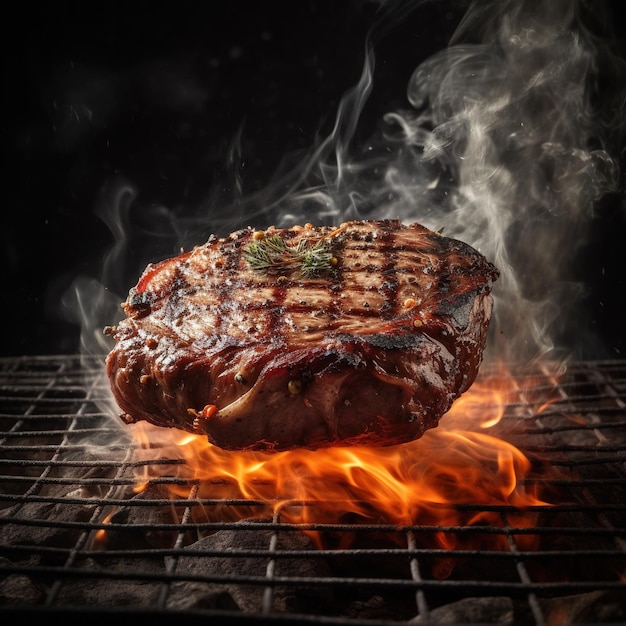 A steak on a grill with smoke coming out of it