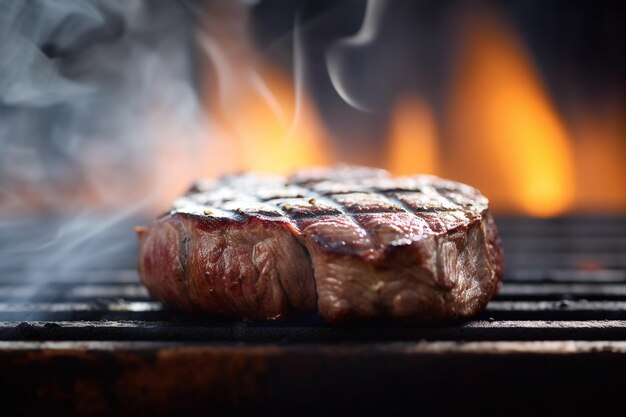 A steak on a grill with smoke