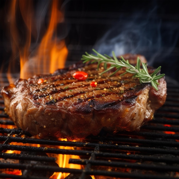 A steak on a grill with a sprig of rosemary on it.