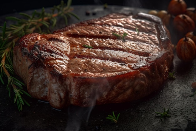 A steak on a grill with a stick of rosemary on it