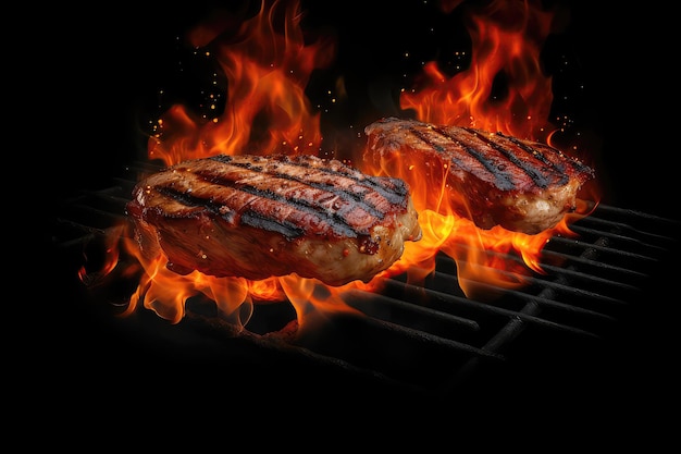 Steak Grills With Fiery Flames On Black Background