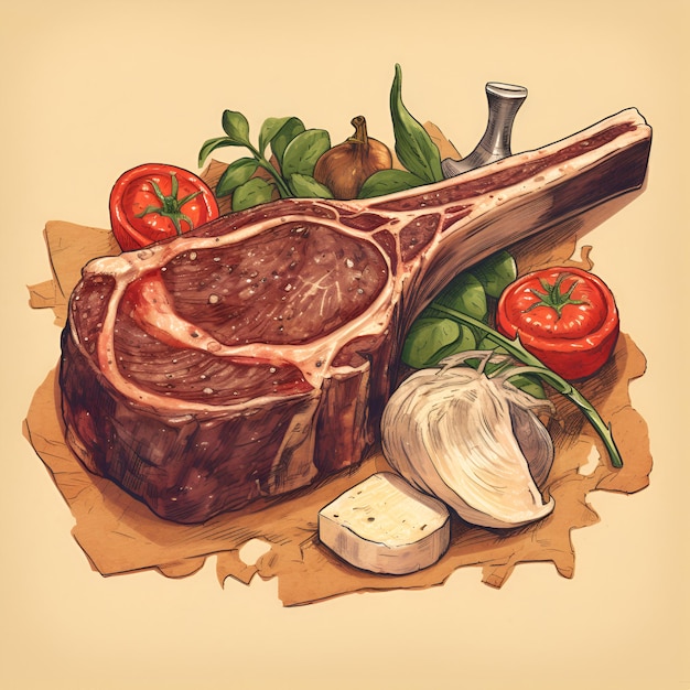 Steak illustration for menu Raw tomahawk steak with vegetables isolated food illustration on white background Raw beef meat Generative AI