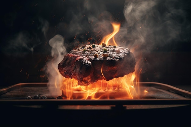 Photo a steak is cooked on a fire in a grill.