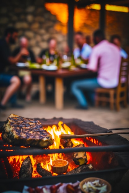 Photo steak is cooking on grill in front of group of people generative ai