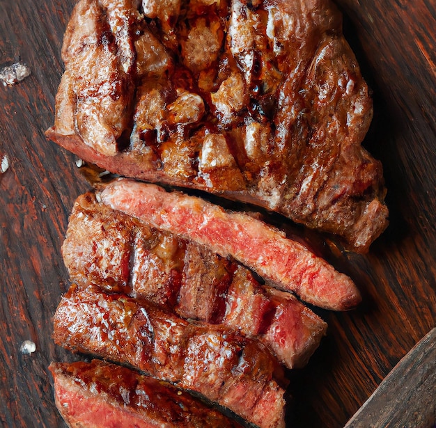 A steak is cut into slices and the meat is cut into slices.