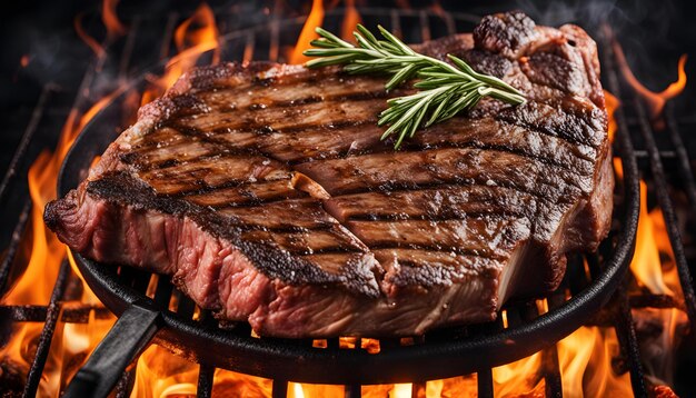 Photo a steak is on a grill with a pine branch on it