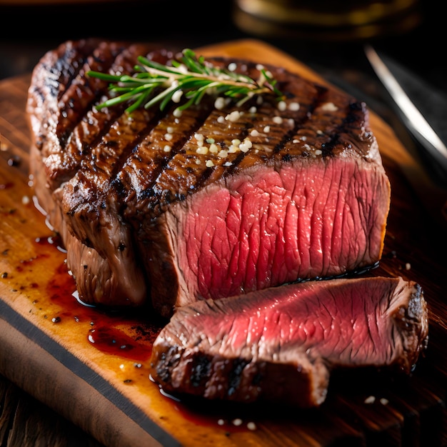 A steak juicy cut into slices and is on a wooden board