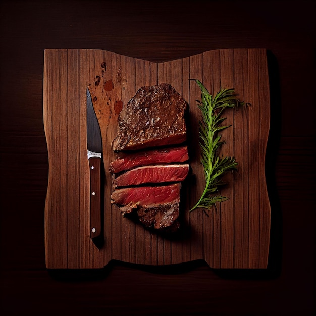 Photo a steak and a knife are on a wooden cutting board.