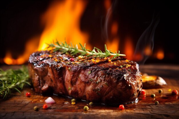 Steak meat fried grill beef dark pepper raw red background food Generative AI