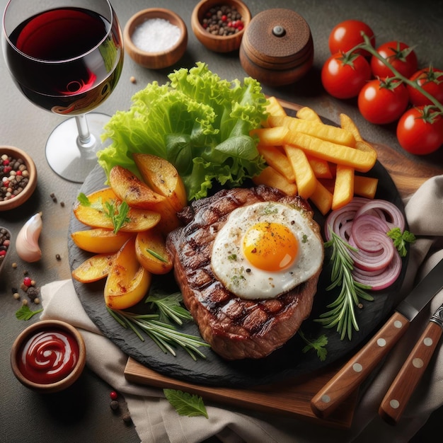 Steak met ei en friet en rode wijn.