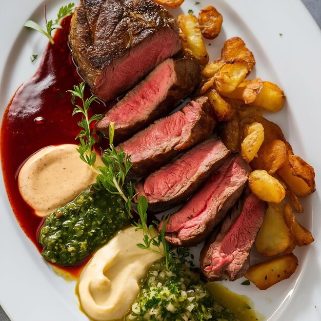 Steak met gebakken aardappelen en sauzen.