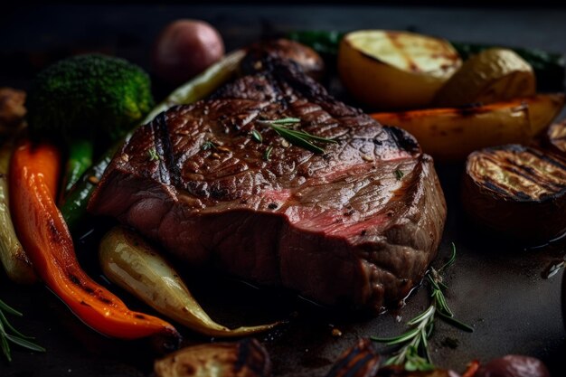 Steak met grillmerken en een kant van geroosterde groenten.