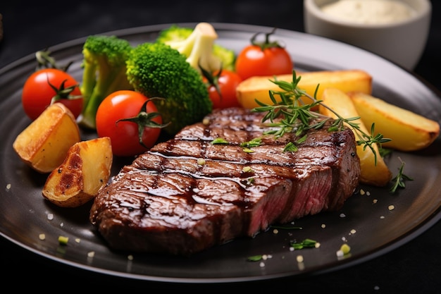 Steak met groenten op een bord op een donkere achtergrond