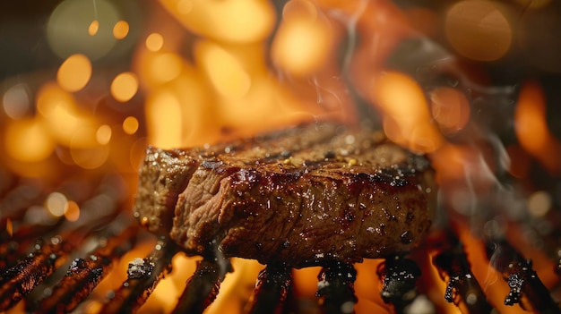 Steak op de grill vlammen op de achtergrond