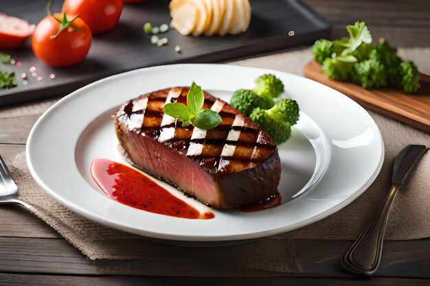 A steak on a plate with broccoli on the table