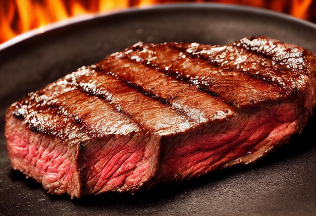 A steak on a plate with a fire in the background