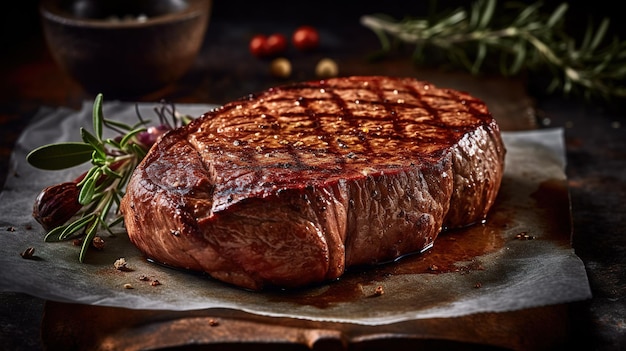 A steak on a plate with a green leaf on it