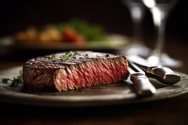 A steak on a plate with a knife and fork next to it.