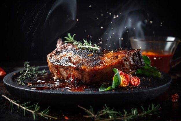 A steak on a plate with smoke and rosemary sprinkled on top