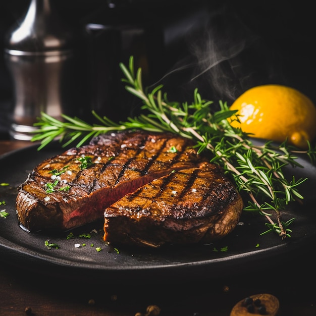 A steak on a plate with a sprig of rosemary on it.