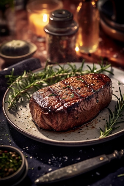 A steak on a plate with a sprig of rosemary on it