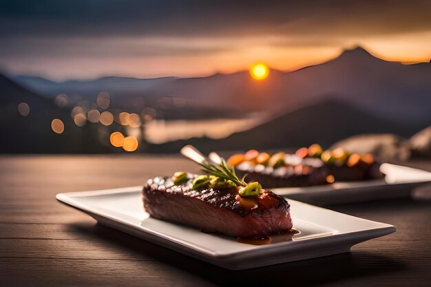 Photo a steak on a plate with the sunset in the background