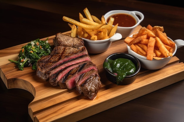 A steak platter with fries and sauces