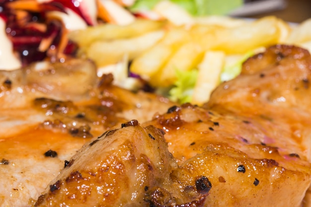 steak pork dinner and salad vegetables macro lens