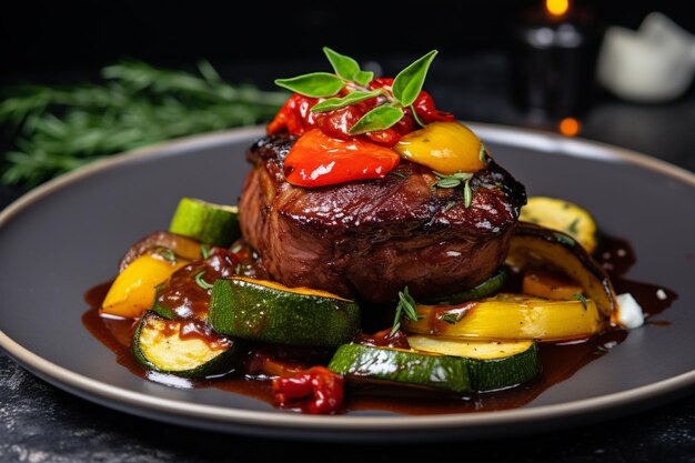 steak potato zuccini eggplant pepper side view