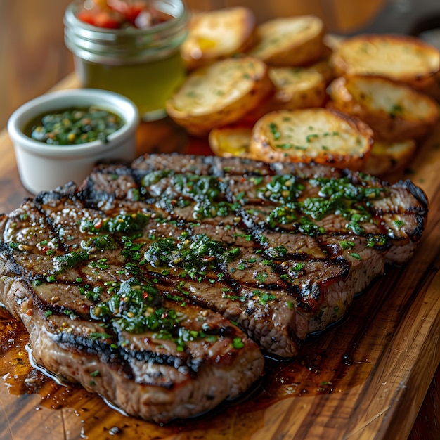 A steak and potatoes dish on a wooden cutting board