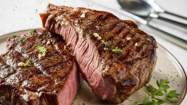 Steak ribeye grilled with pepper and garlic