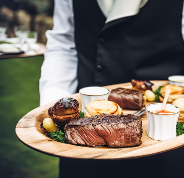 Steak served by a waiter at a luxury event outdoors fine dining postprocessed generative ai