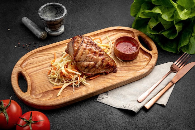 Steak served with sauerkraut and sauce on a wooden board