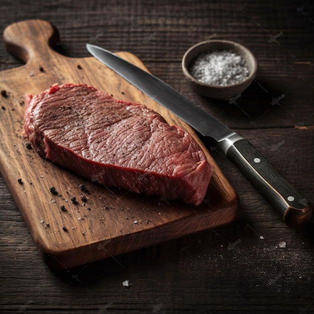 A steak sits on a cutting board next to a knife.