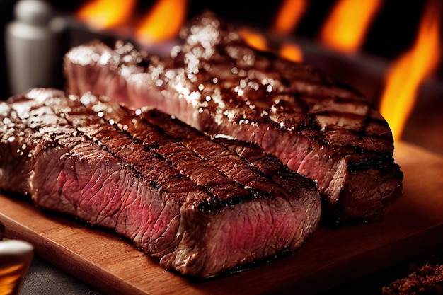 A steak steak on a cutting board with flames in the background generative AI
