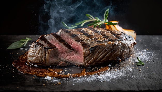 A steak on a stone slab with a sprig of rosemary on it.